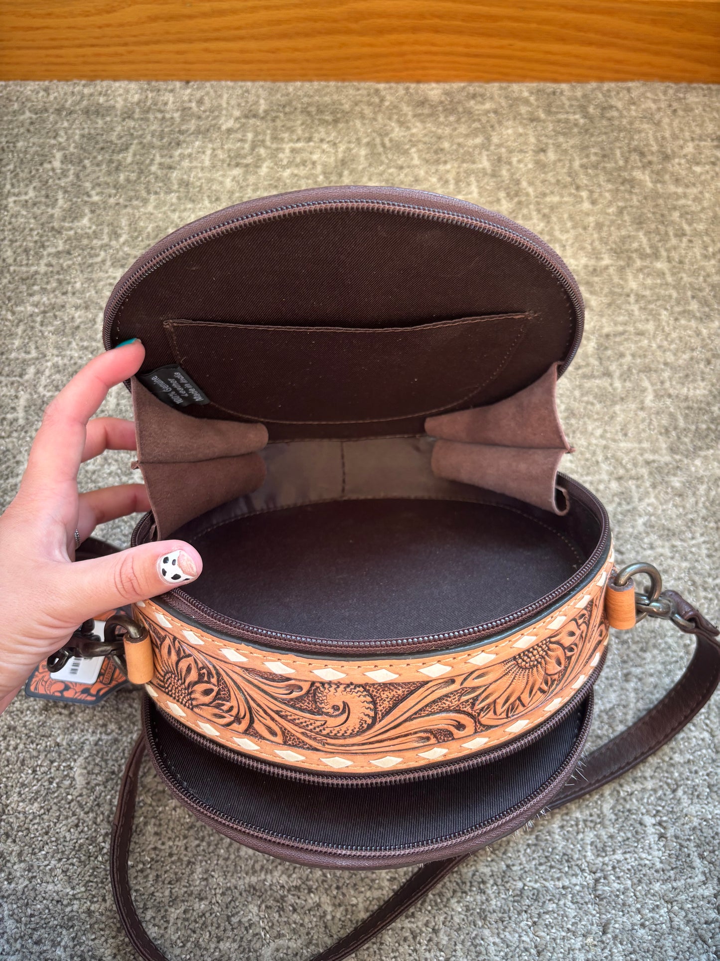 Canteen Tooled Leather & Cowhide Purse