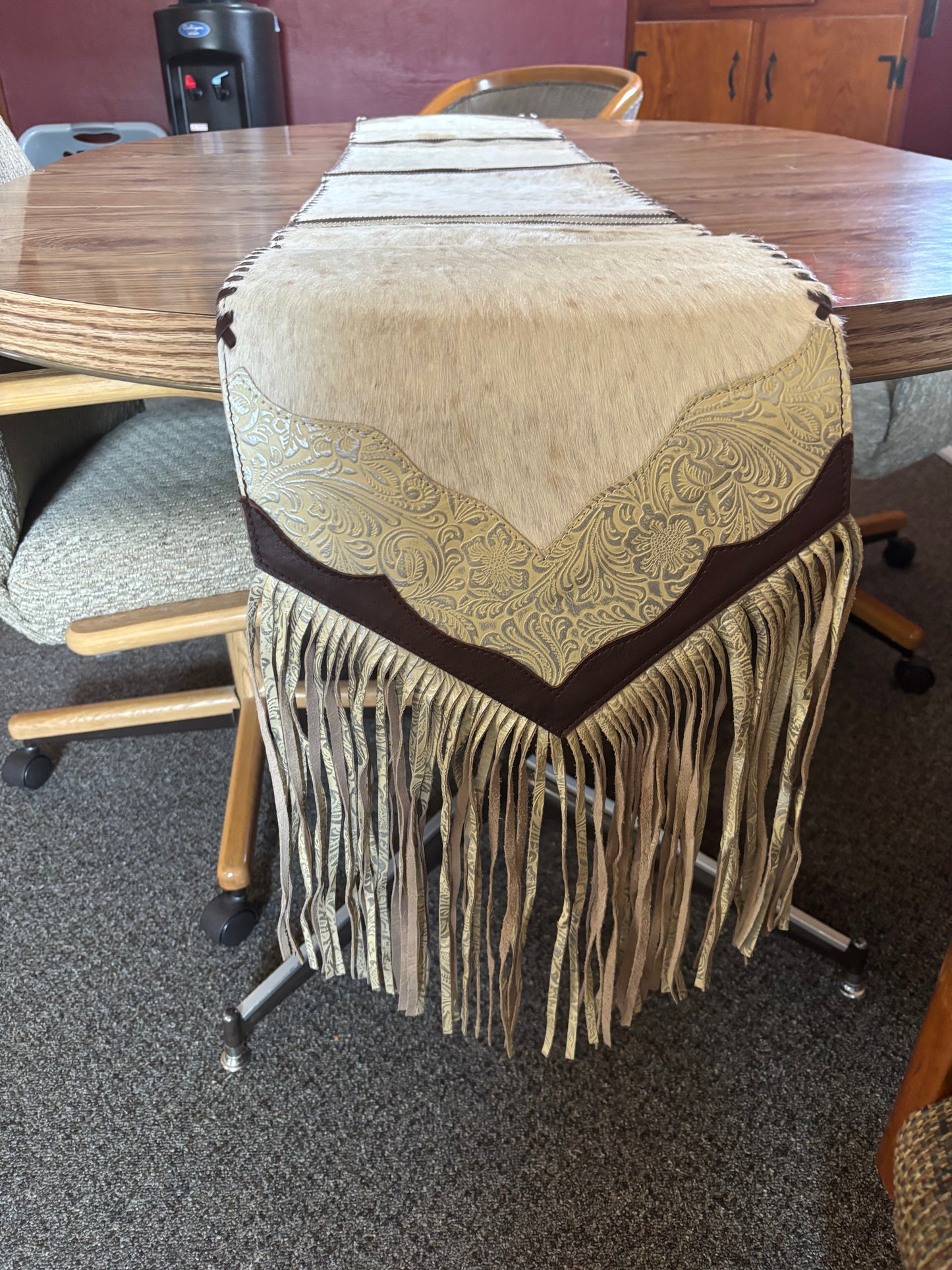 6ft Pearl Tooled Leather & Cowhide Table Runner