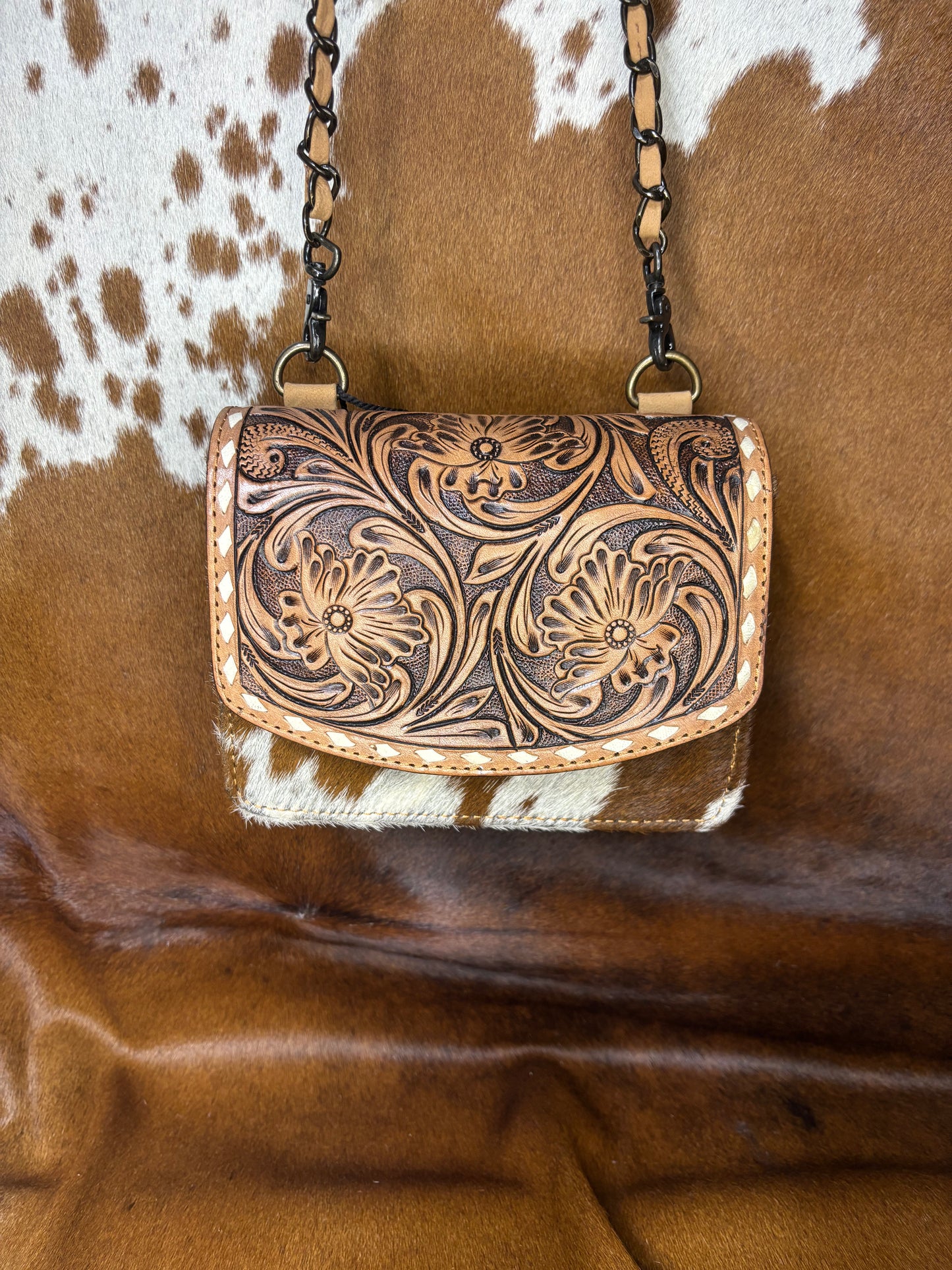 Blossom Tooled Leather & Cowhide Crossbody Bag