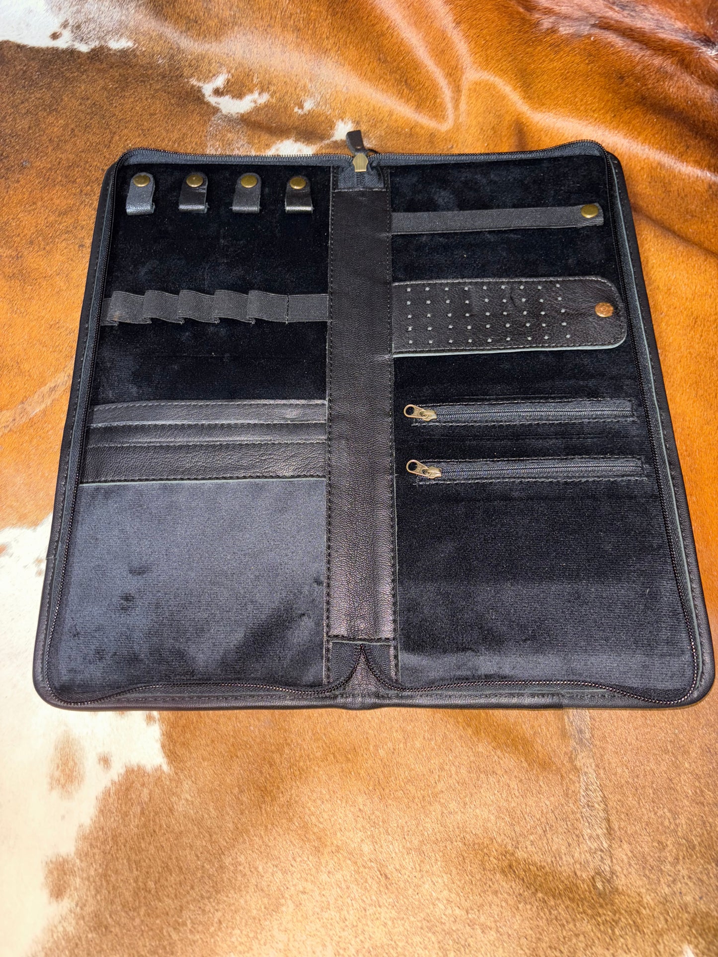 Black Tooled Leather & Cowhide Jewelry Wallet with Turquoise Concho