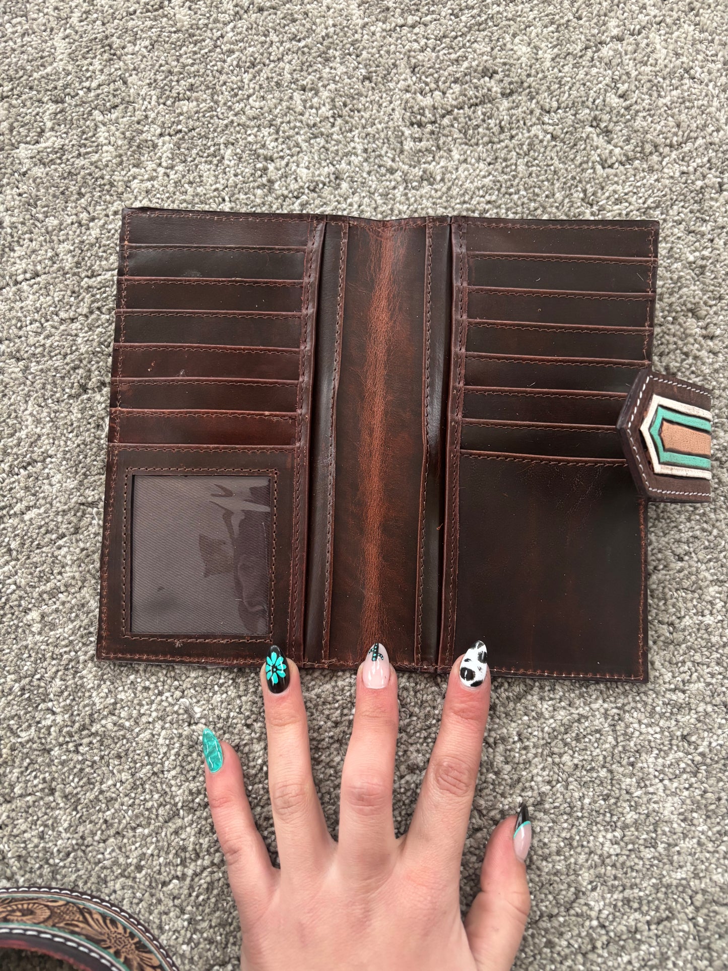 Teal Jagged tooled Cowhide Leather Purse and Wallet