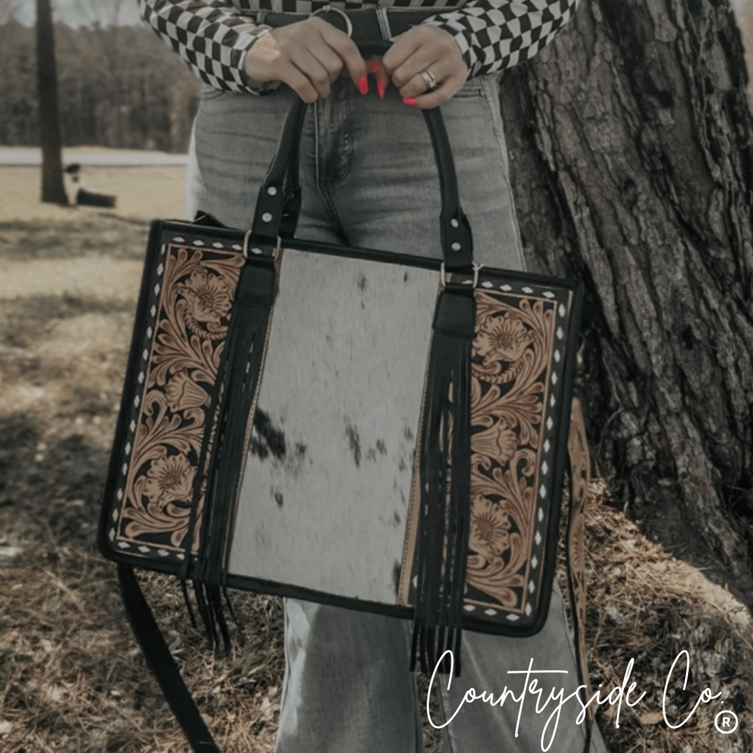 Panhandle Tooled Leather Cowhide Conceal Carry Tote, Computer Bag by Countryside Co.