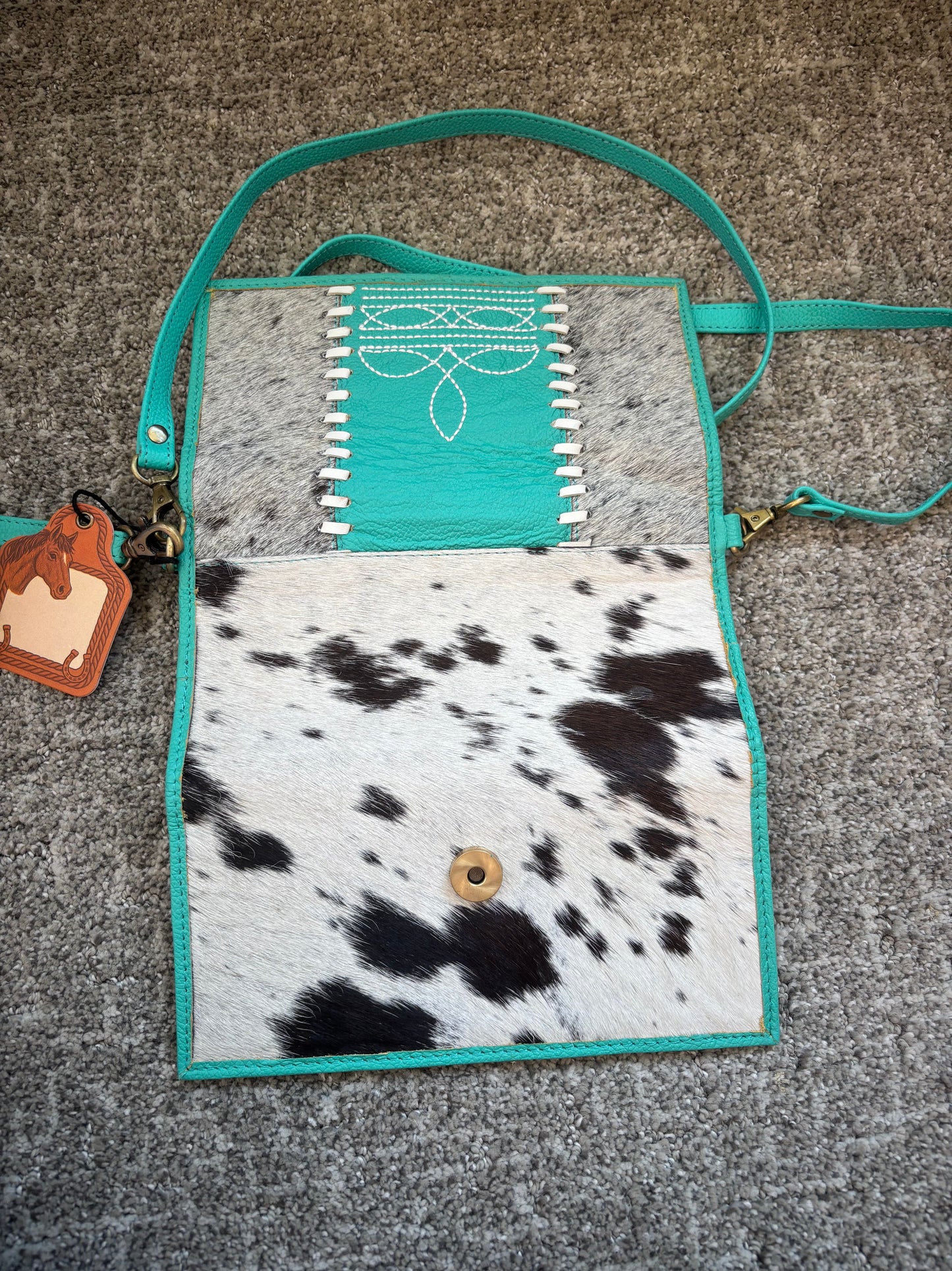 Teal Boot Stitch Cowhide Crossbody Wallet