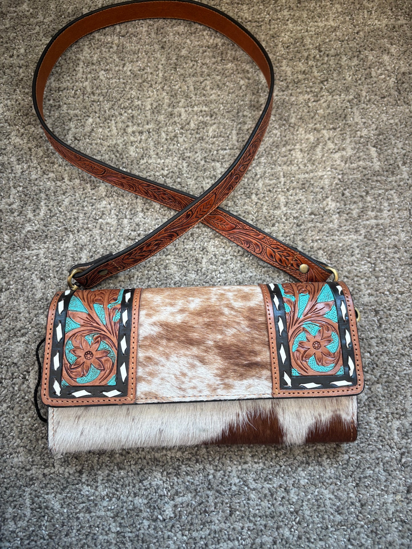Teal Tooled Leather & Cowhide Crossbody Wallet
