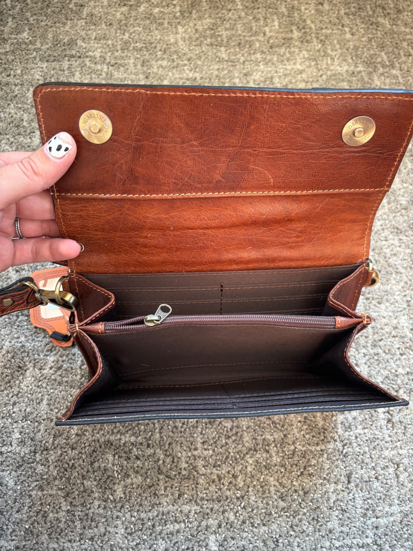 Teal Tooled Leather & Cowhide Crossbody Wallet