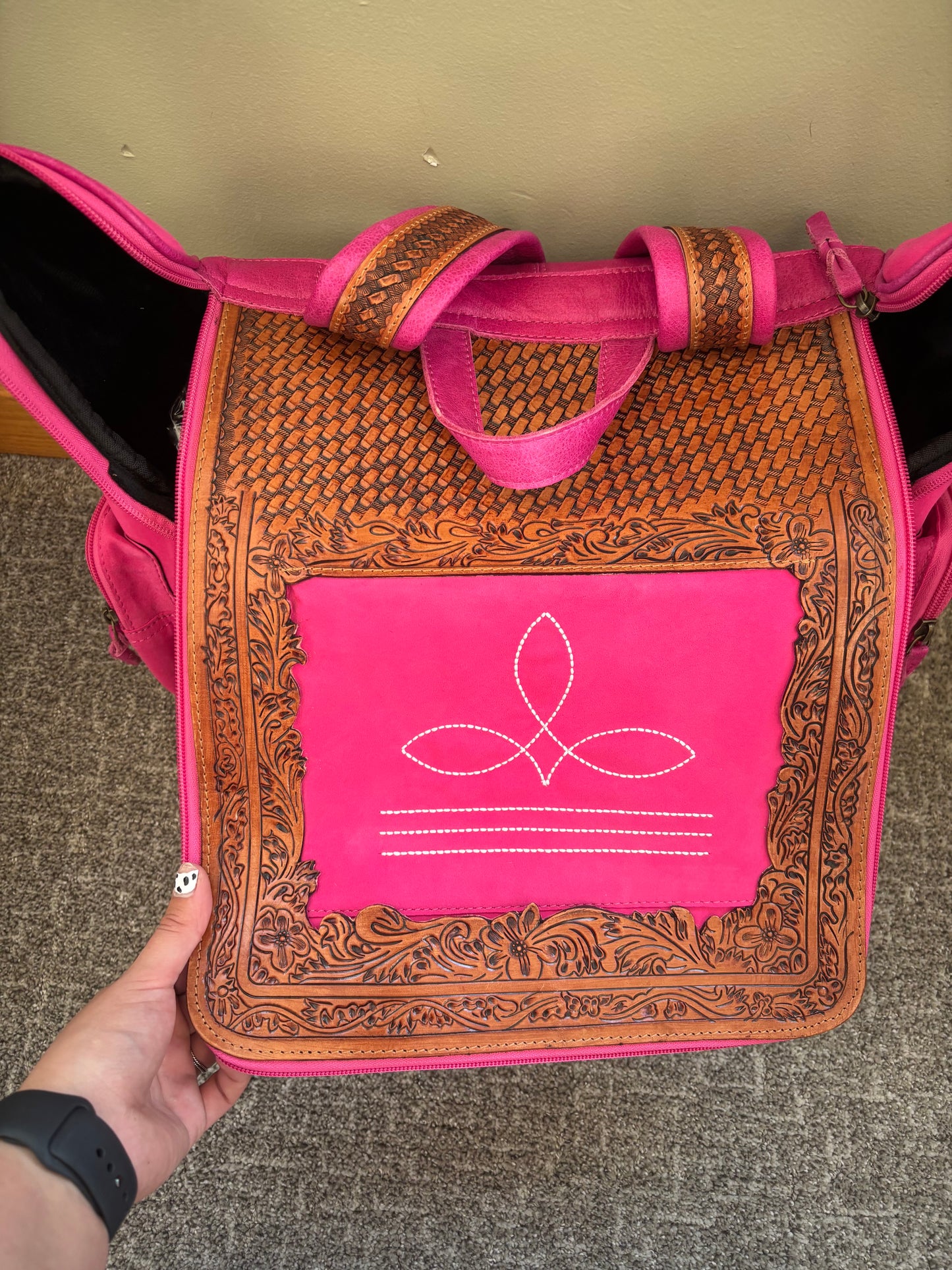 Pink Boot Stitch Tooled Leather Backpack