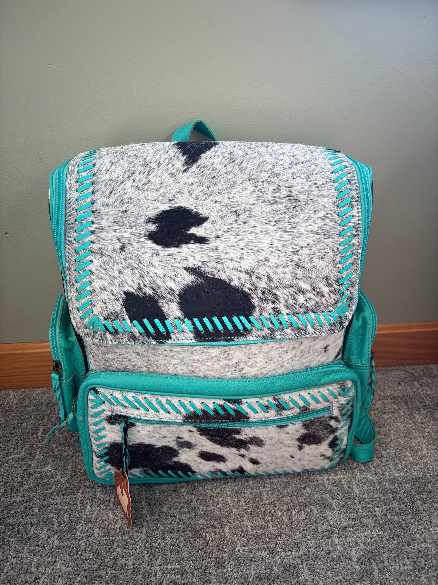 Teal Buck Stitch Cowhide Backpack