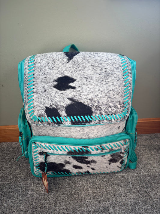 Teal Buck Stitch Cowhide Backpack