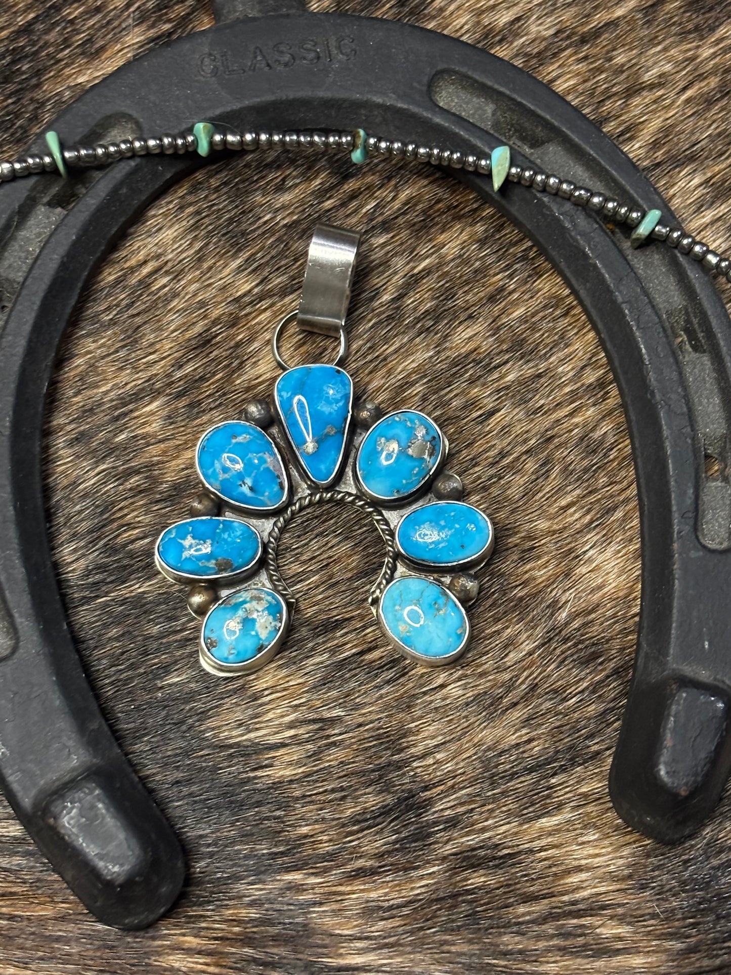 Native Navajo Handmade Sterling Silver Blue Ridge Turquoise Cluster Naja Pendent