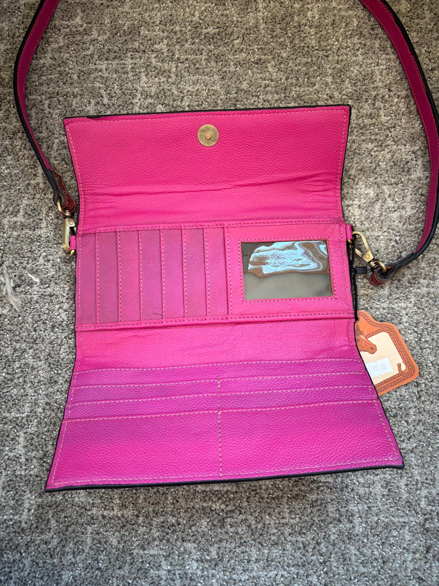 Pink Boot Stitch Tooled Leather Crossbody Wallet