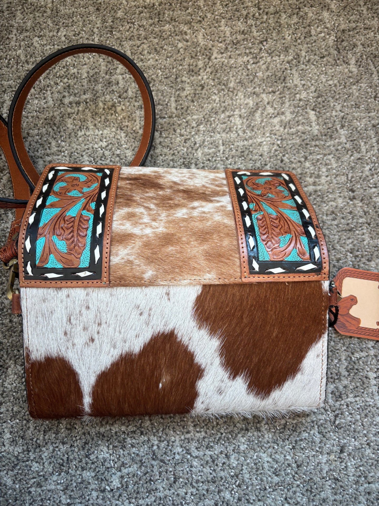 Teal Tooled Leather & Cowhide Crossbody Wallet