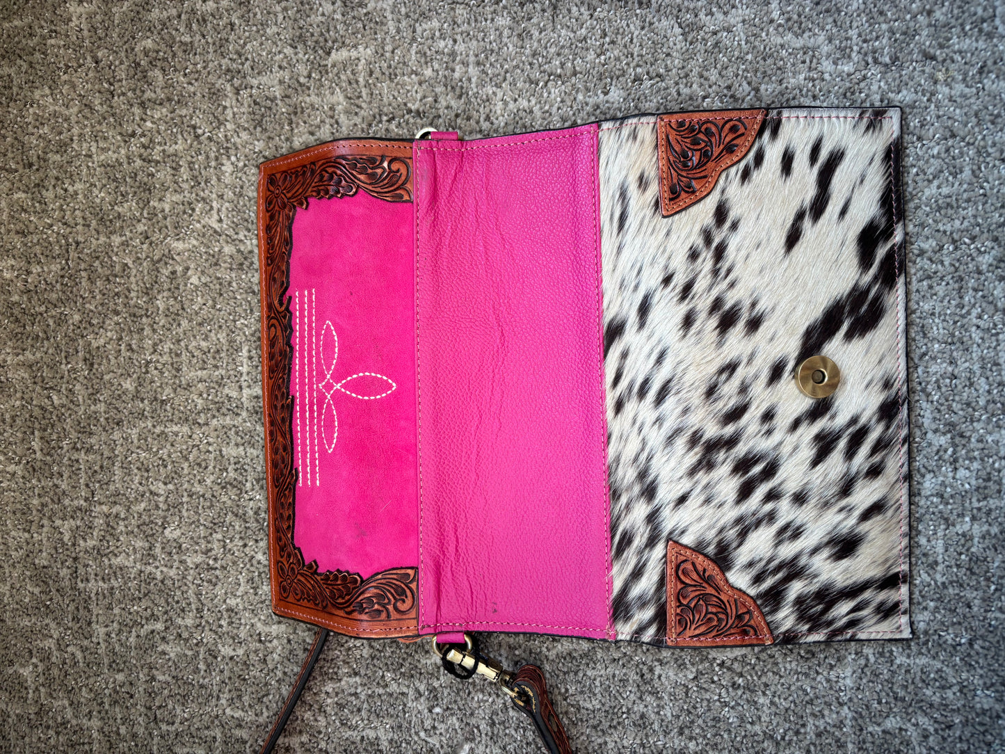 Pink Boot Stitch Tooled Leather Crossbody Wallet