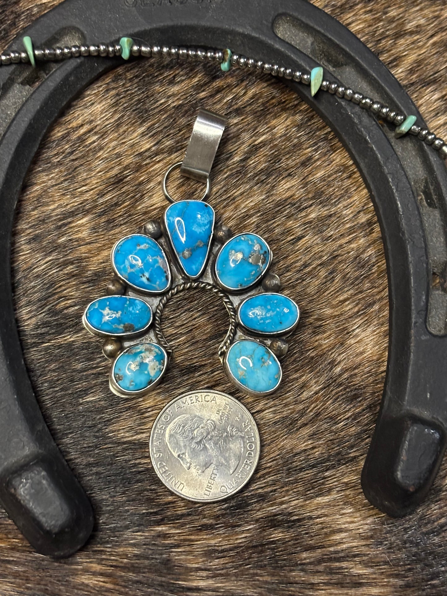 Native Navajo Handmade Sterling Silver Blue Ridge Turquoise Cluster Naja Pendent