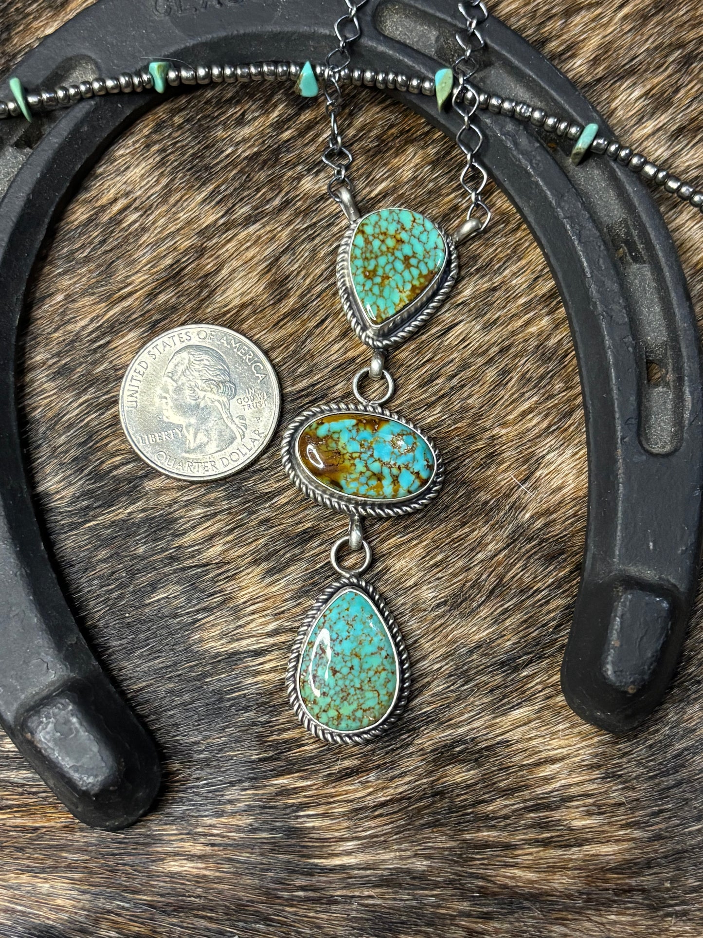 Native Navajo Handmade Sterling Silver Kingman Turquoise Lariat Necklace