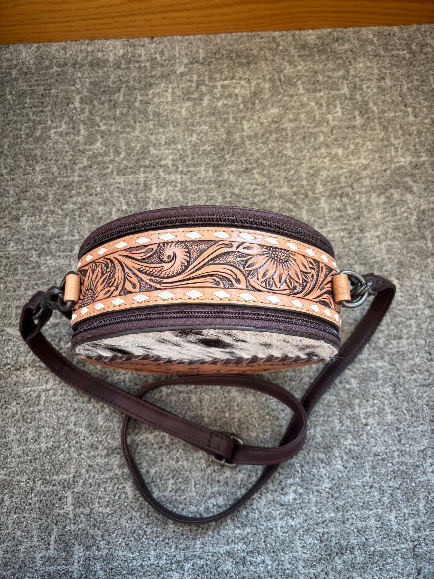 Canteen Tooled Leather & Cowhide Purse
