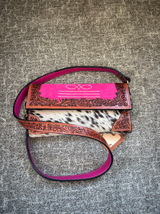 Pink Boot Stitch Tooled Leather Crossbody Wallet