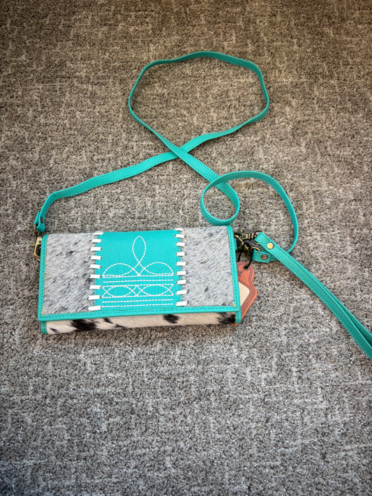 Teal Boot Stitch Cowhide Crossbody Wallet