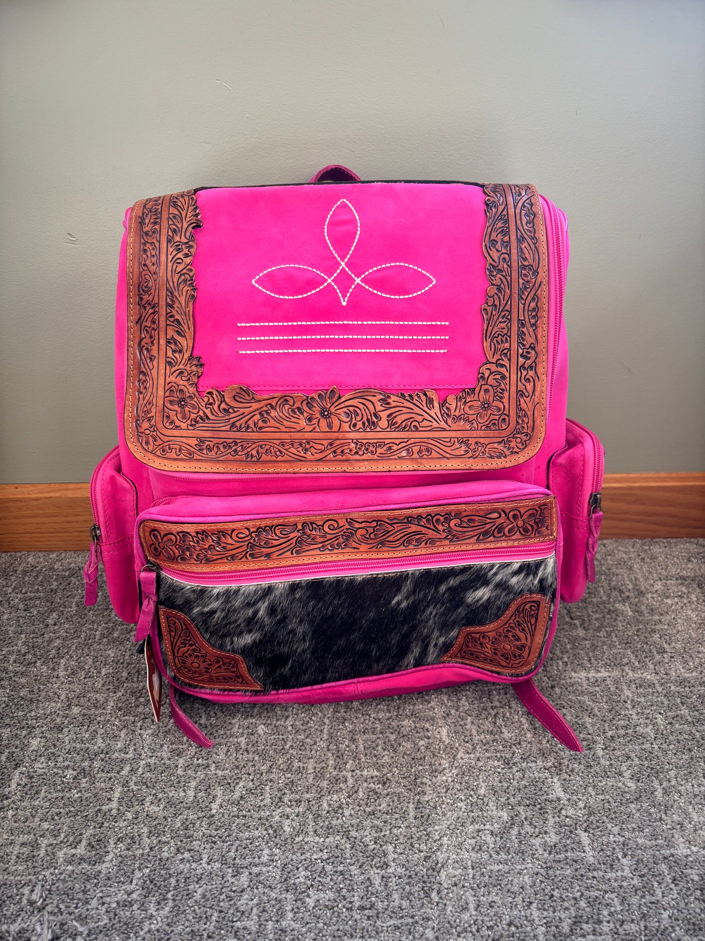 Pink Boot Stitch Tooled Leather Backpack