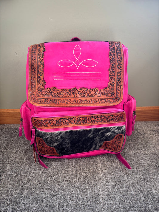 Pink Boot Stitch Tooled Leather Backpack