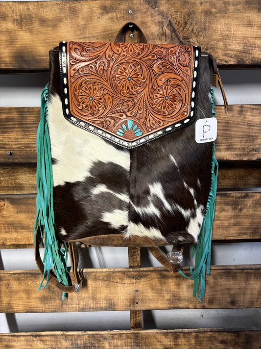 Turquoise tooled leather and cowhide fringe backpack