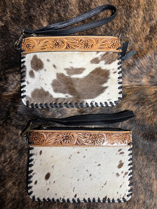 Tooled Leather Cowhide Wristlet