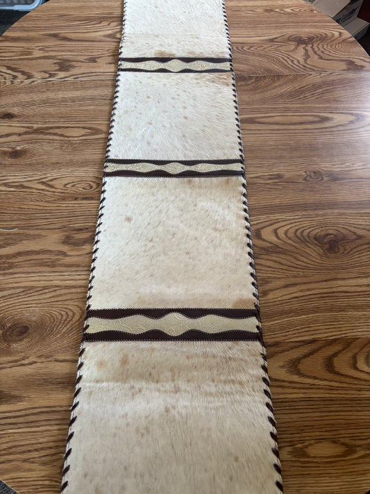6ft Pearl Tooled Leather & Cowhide Table Runner