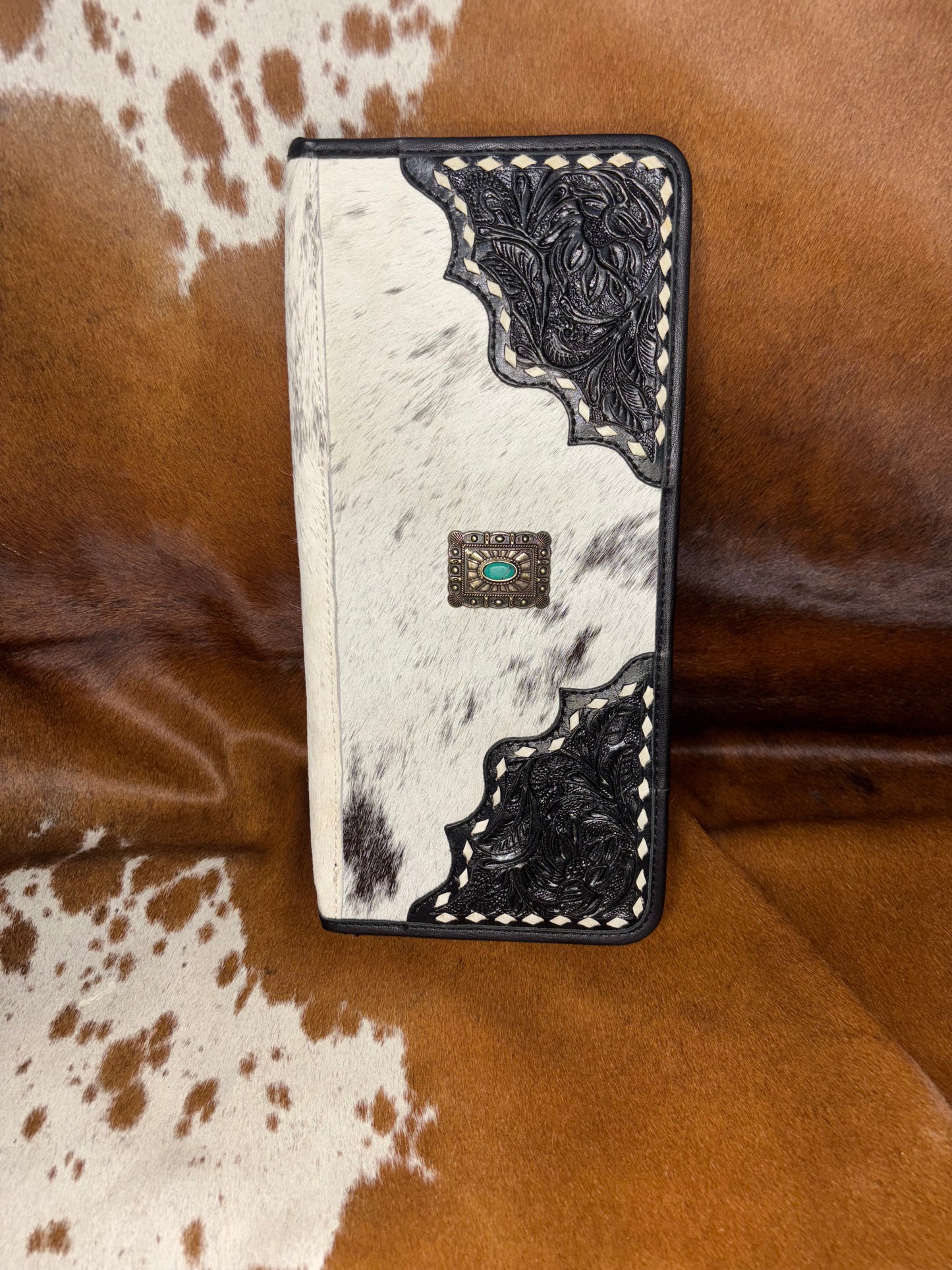 Black Tooled Leather & Cowhide Jewelry Wallet with Turquoise Concho
