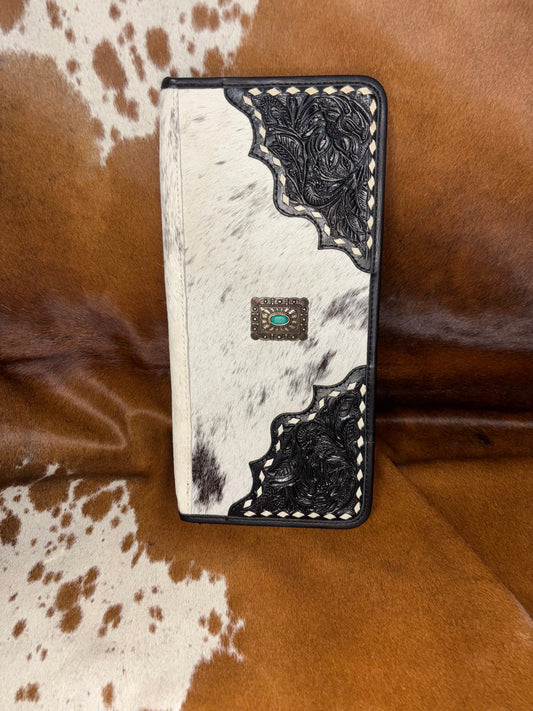 Black Tooled Leather & Cowhide Jewelry Wallet with Turquoise Concho