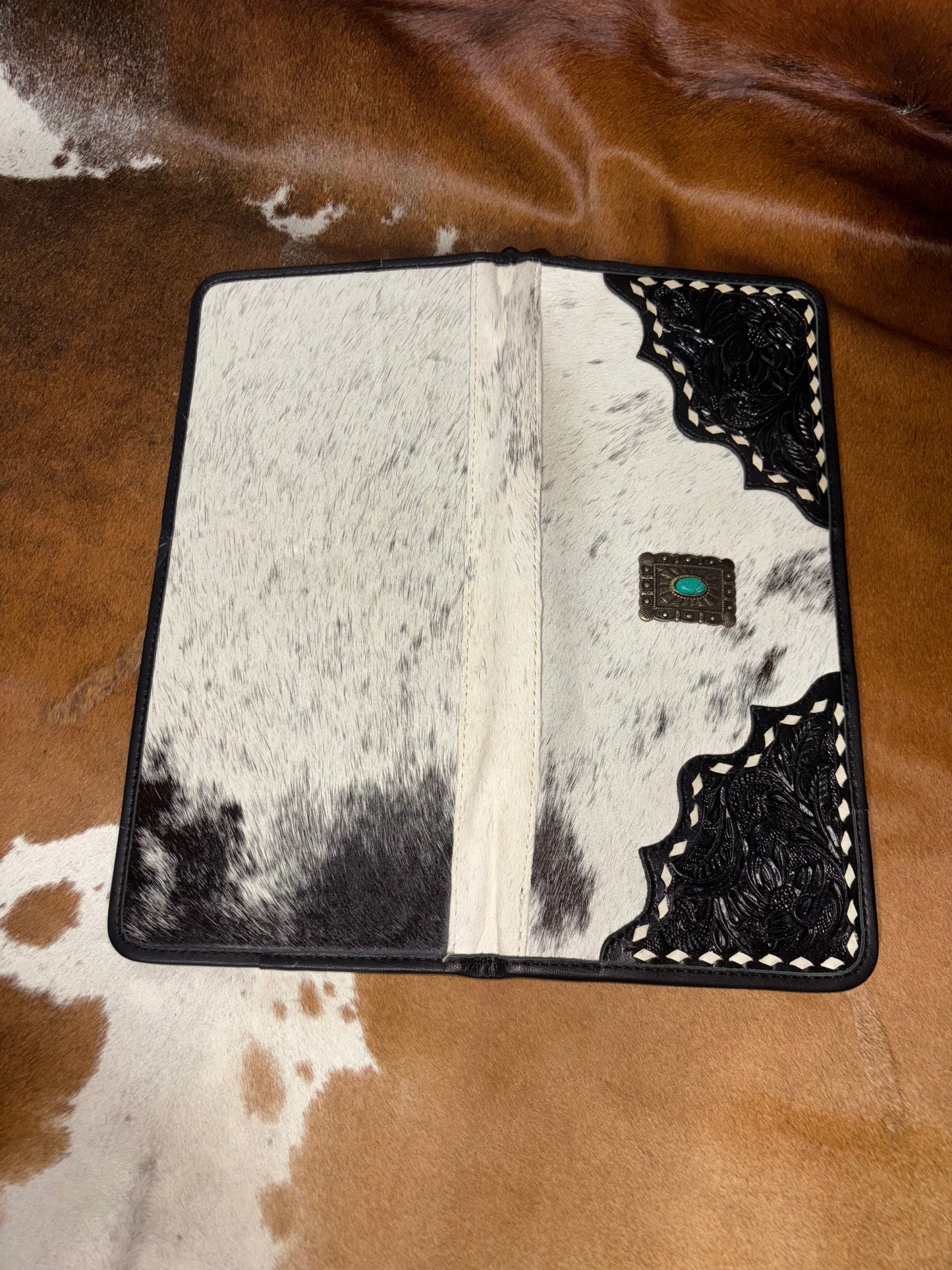 Black Tooled Leather & Cowhide Jewelry Wallet with Turquoise Concho