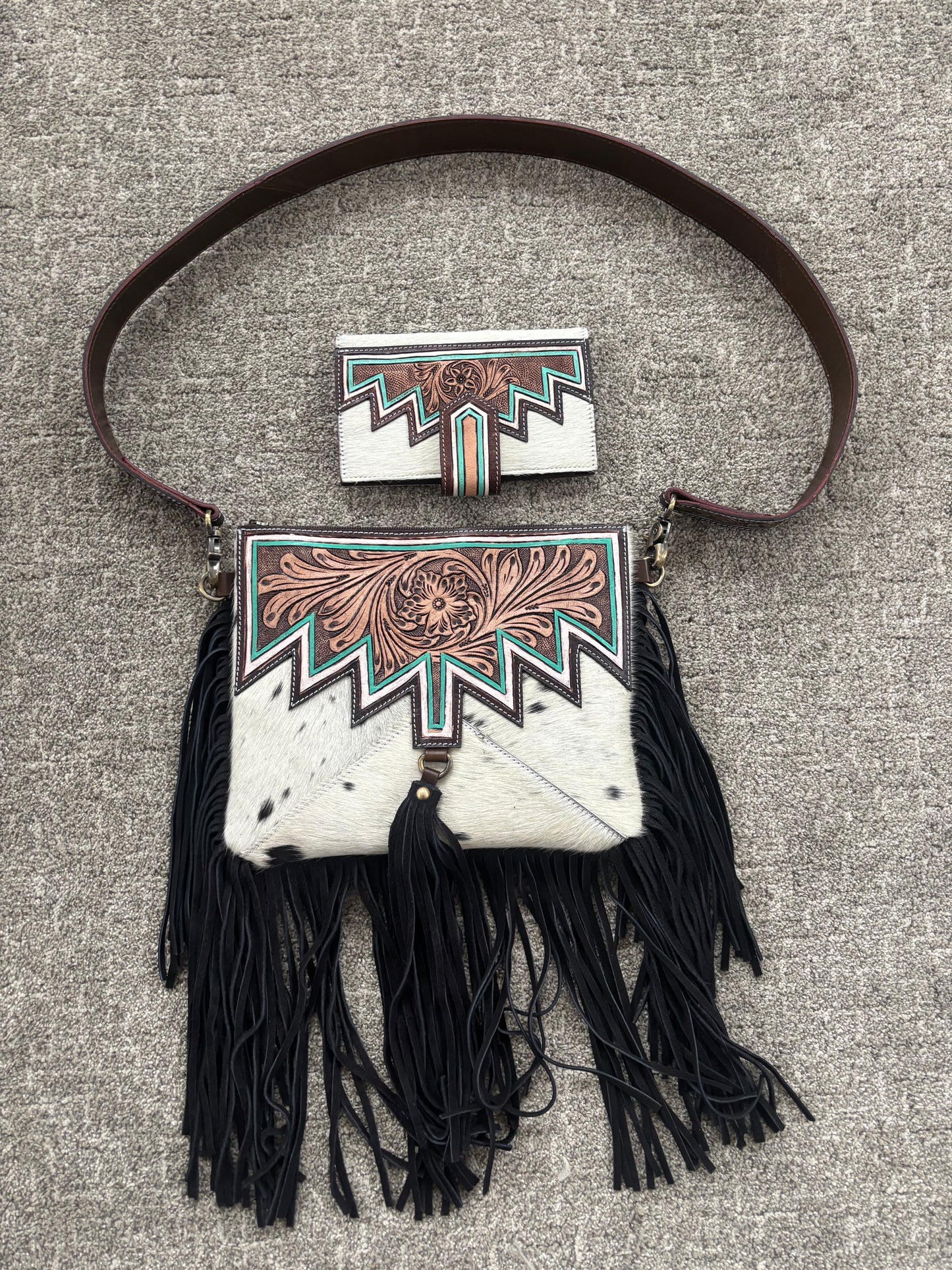 Teal Jagged tooled Cowhide Leather Purse and Wallet