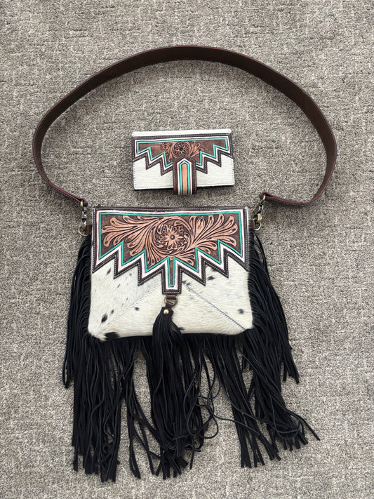 Teal Jagged tooled Cowhide Leather Purse and Wallet