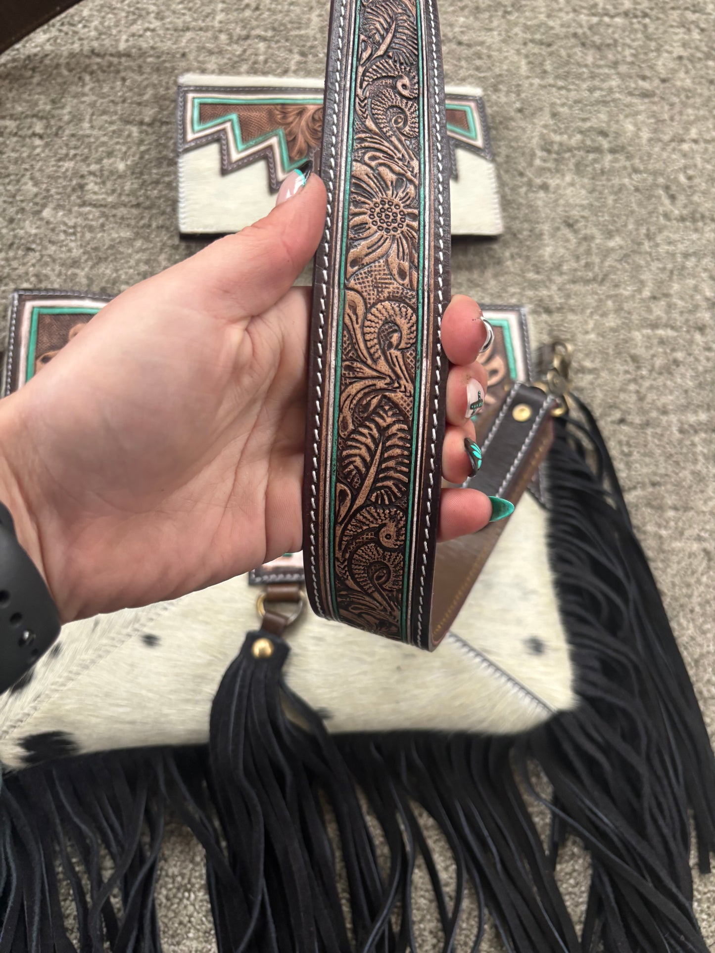 Teal Jagged tooled Cowhide Leather Purse and Wallet
